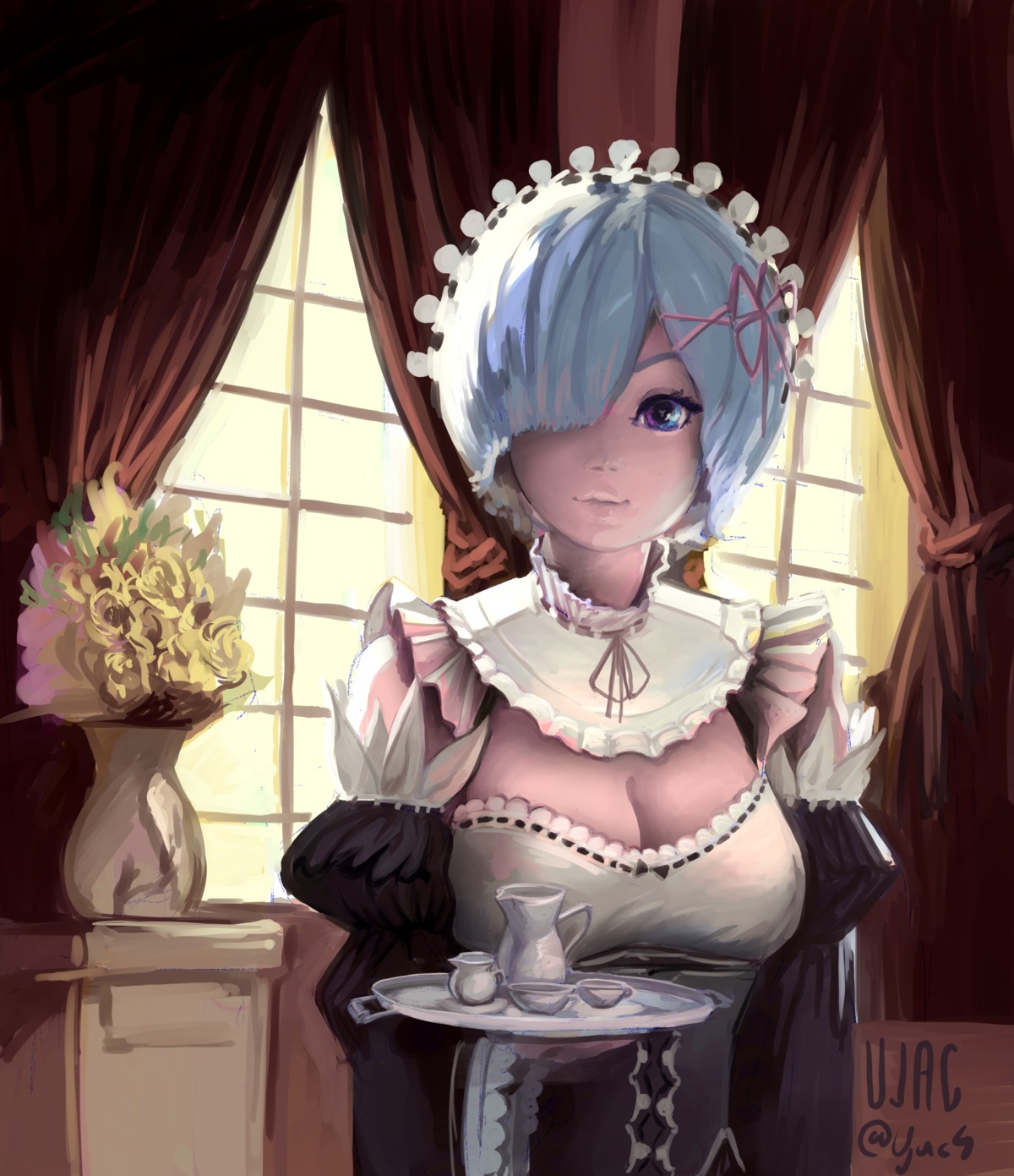cleavage, maid, re:zero_kara_hajimeru_isekai_seikatsu, rem_(re_zero), ujac