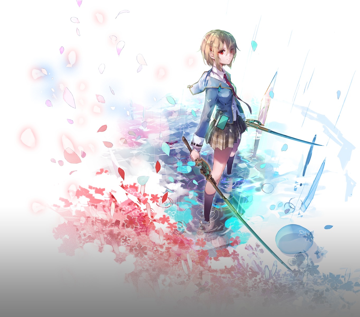 heaven_burns_red, kayamori_ruka, key, seifuku, sword, wet, wfs, yuugen