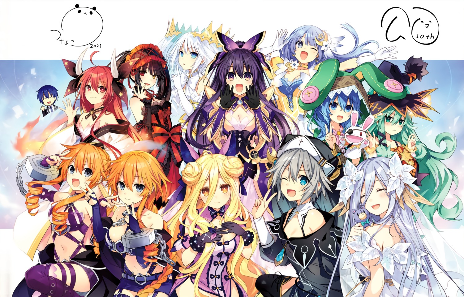 animal_ears, bunny_ears, chinadress, cleavage, date_a_live, dress, garter, gothic_lolita, heterochromia, himekawa_yoshino, honjou_nia_(date_a_live), horns, hoshimiya_mukuro, itsuka_kotori, itsuka_shidou, izayoi_miku, japanese_clothes, kyouno_natsumi, lolita_fashion, no_bra, nun, open_shirt, seifuku, takamiya_mio, thighhighs, tobiichi_origami, tokisaki_kurumi, tsunako, witch, yamai_kaguya, yamai_yuzuru, yatogami_tooka