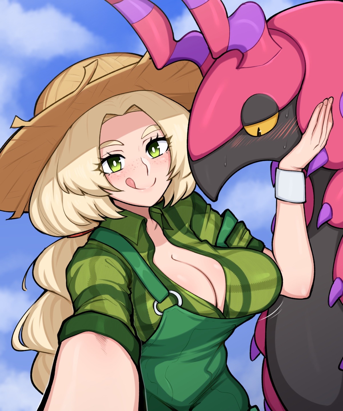 afrobull, hanna_bigsby, no_bra, open_shirt, overalls, pokemon, scolipede