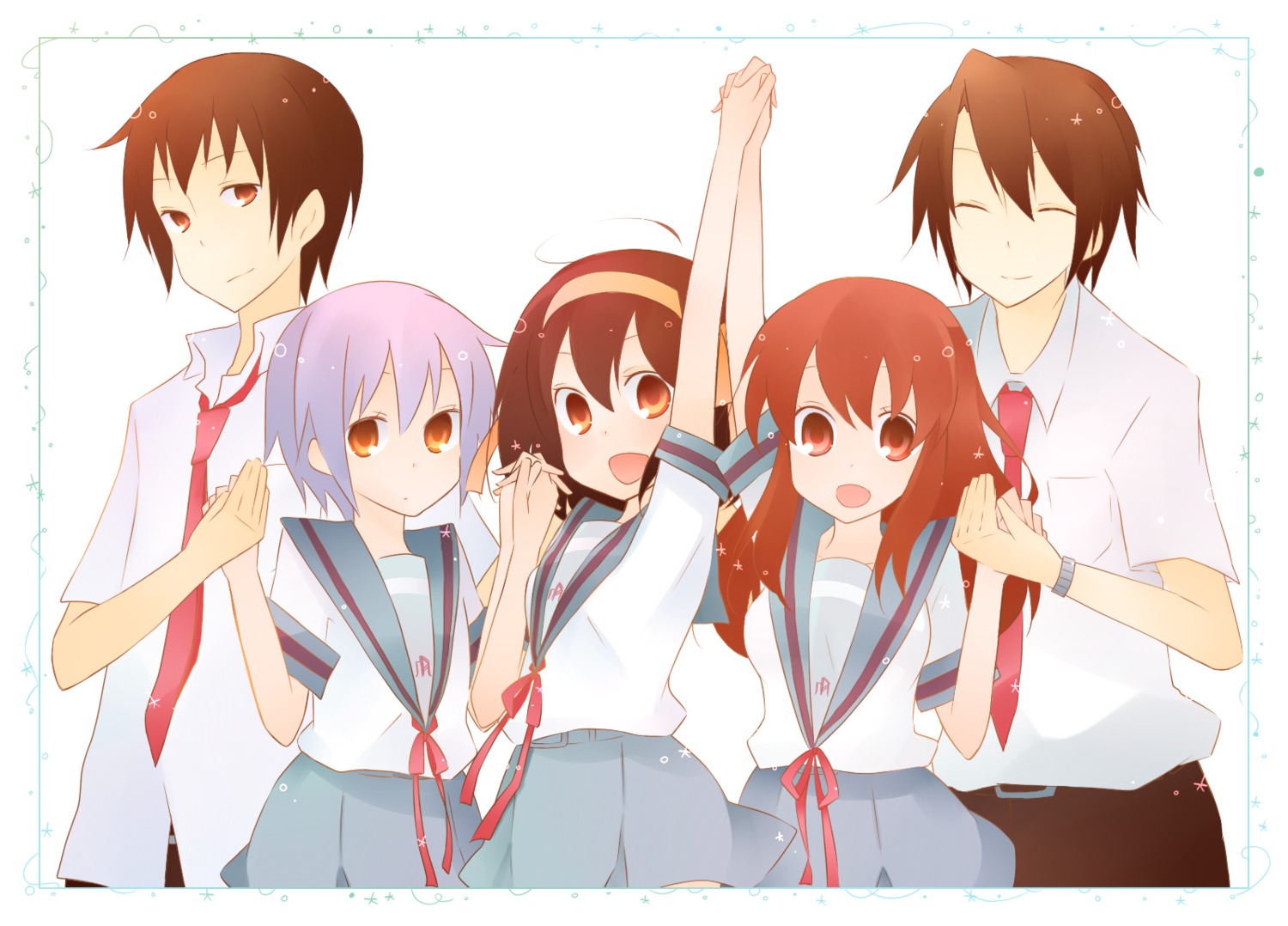 asahina_mikuru, kinokosuke, koizumi_itsuki, kyon, nagato_yuki, seifuku, suzumiya_haruhi, suzumiya_haruhi_no_yuuutsu