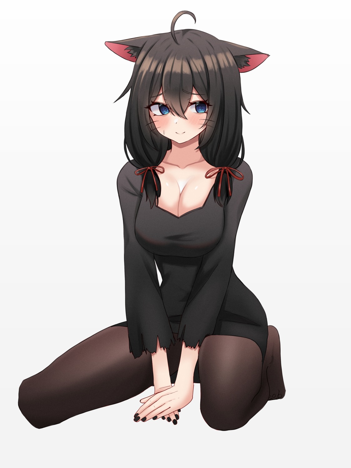 animal_ears, cleavage, dress, kano_(wi3028), nekomimi, pantyhose, torn_clothes