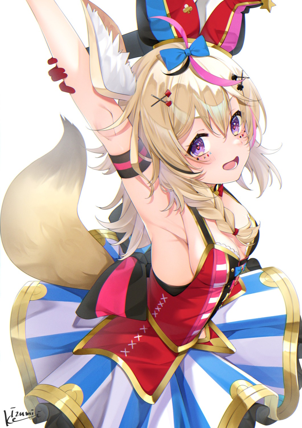 animal_ears, hololive, izumi_kei, kitsune, no_bra, omaru_polka, skirt_lift, tail