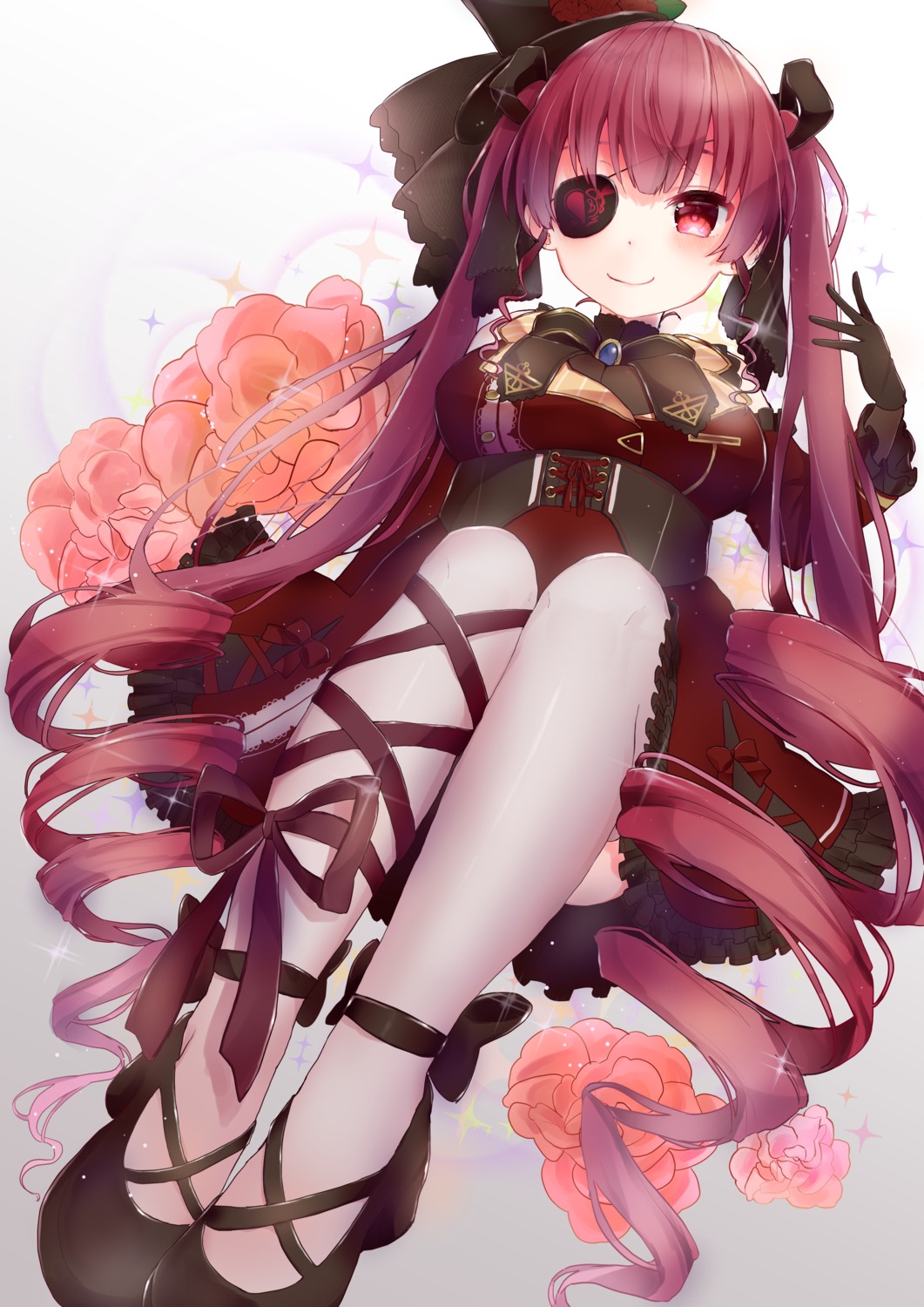 charlotte11037, eyepatch, gothic_lolita, hololive, houshou_marine, lolita_fashion, skirt_lift, thighhighs