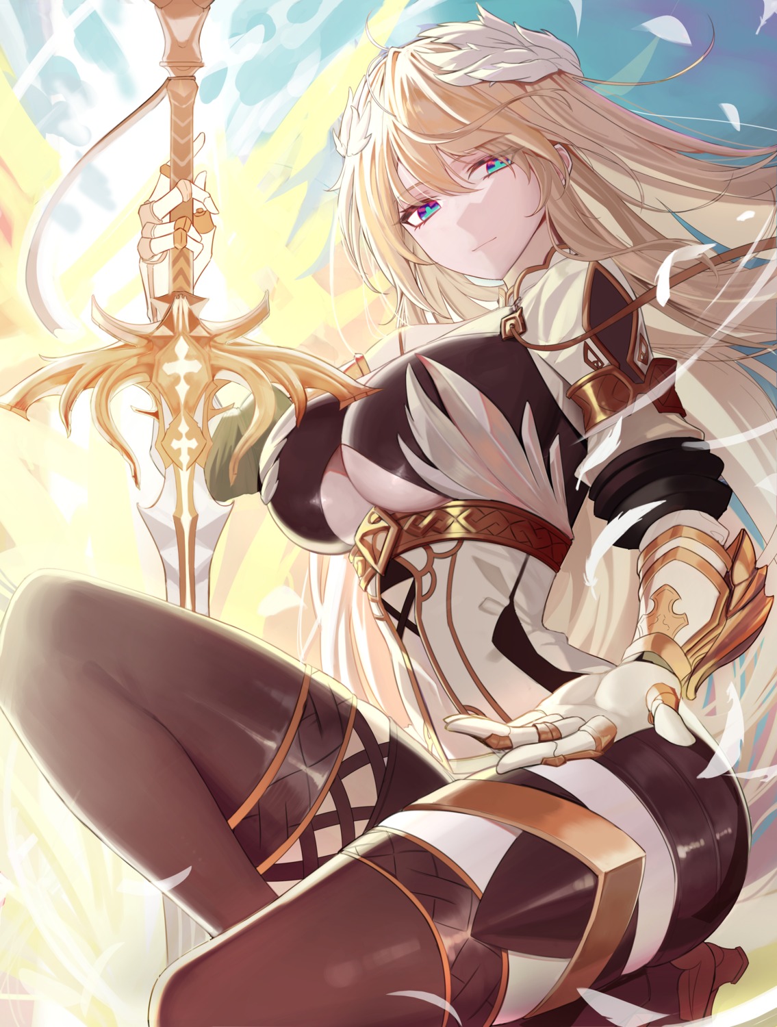 armor, heels, orn, sword, thighhighs