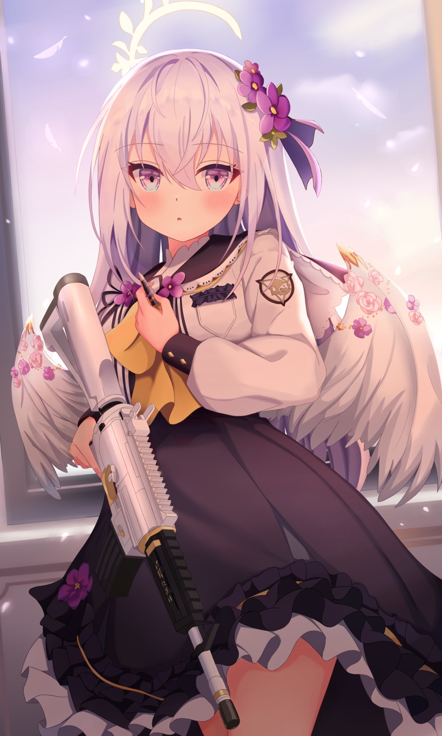 angel, arashiomoto, blue_archive, gun, seifuku, shirasu_azusa, skirt_lift, wings