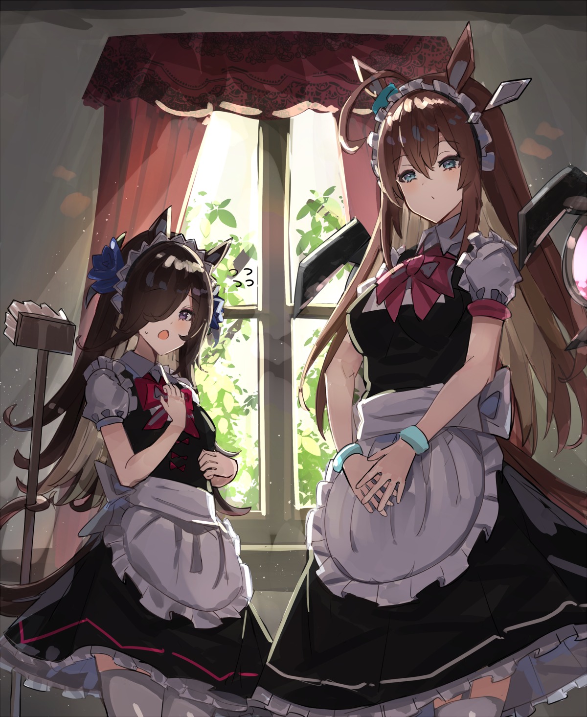 animal_ears, maid, mihono_bourbon_(umamusume), rice_shower_(umamusume), stockings, tail, the_olphy, thighhighs, uma_musume_pretty_derby