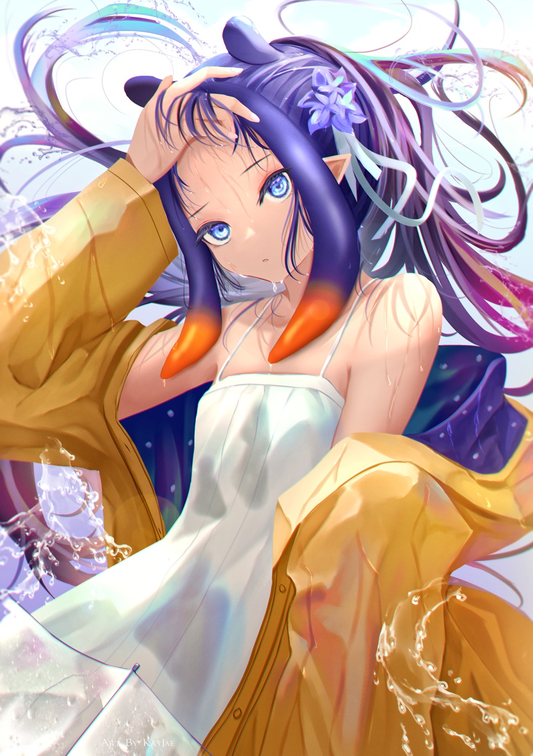 animal_ears, dress, kayjae, no_bra, summer_dress, umbrella