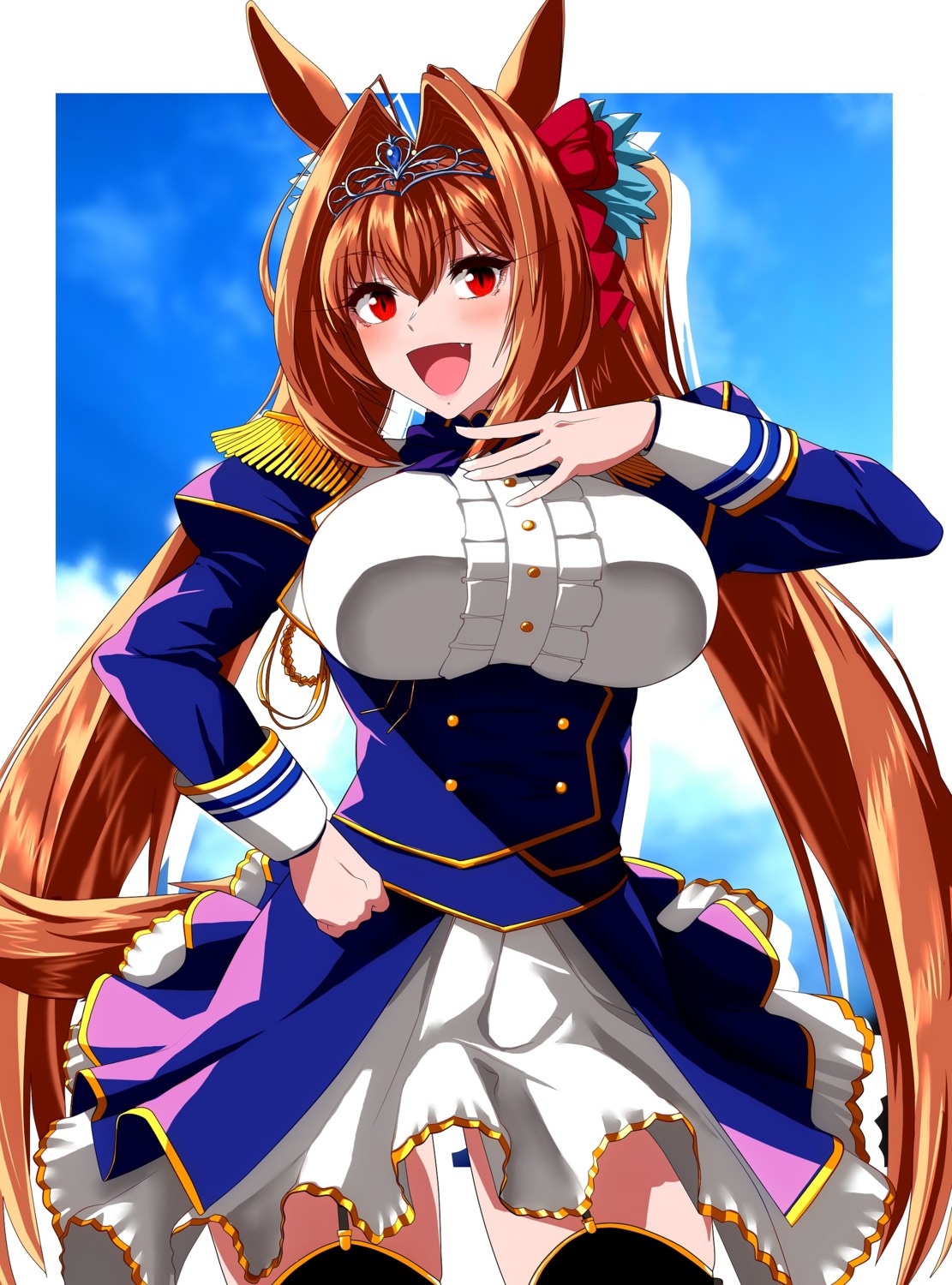 animal_ears, daiwa_scarlet_(umamusume), minarai_tenna, skirt_lift, stockings, tail, thighhighs, uma_musume_pretty_derby