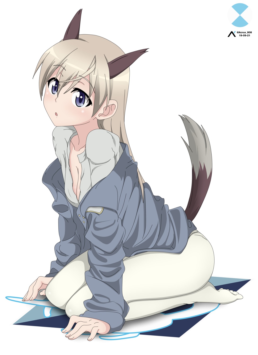 acrux, animal_ears, cleavage, eila_ilmatar_juutilainen, kitsune, open_shirt, pantyhose, strike_witches, strike_witches:_operation_victory_arrow, strike_witches_2, strike_witches_gekijouban, tail, uniform