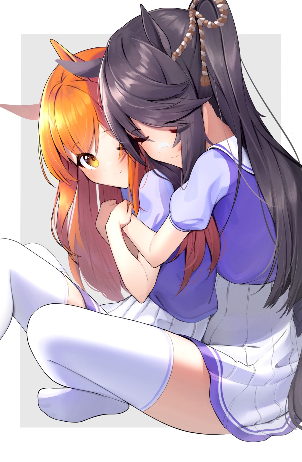 animal_ears, mayano_top_gun_(umamusume), narita_brian_(umamusume), skirt_lift, tail, takom, thighhighs, uma_musume_pretty_derby