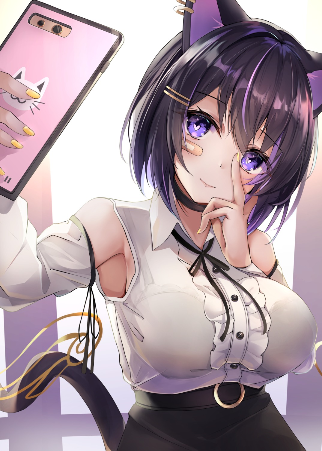 animal_ears, bandaid, bra, kurohikage, nekomimi, see_through, selfie, tail