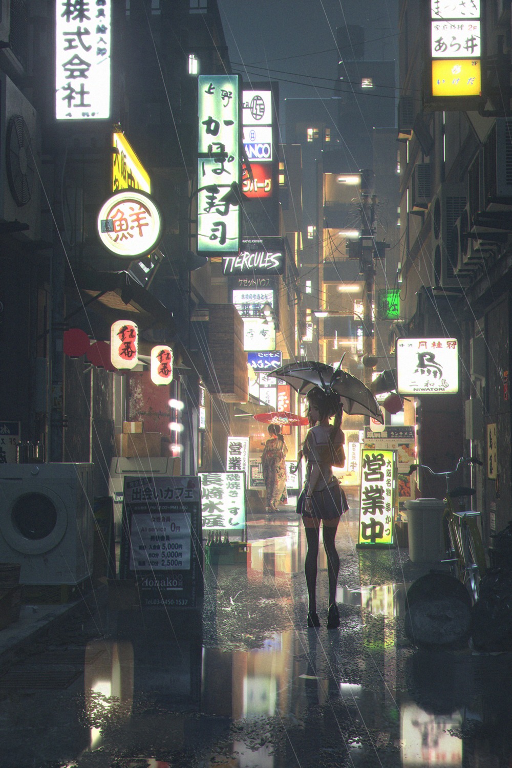 fen_bang_laoda, landscape, seifuku, thighhighs, umbrella, yukata