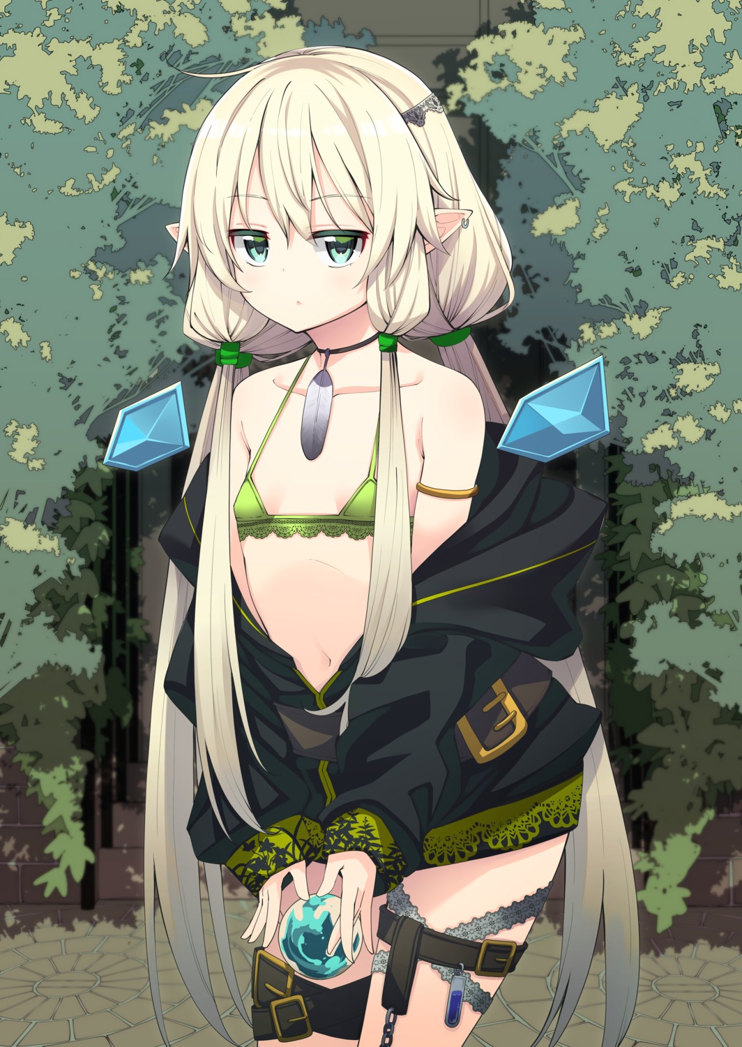 akino_sora, bikini_top, elf, garter, open_shirt, pointy_ears, swimsuits