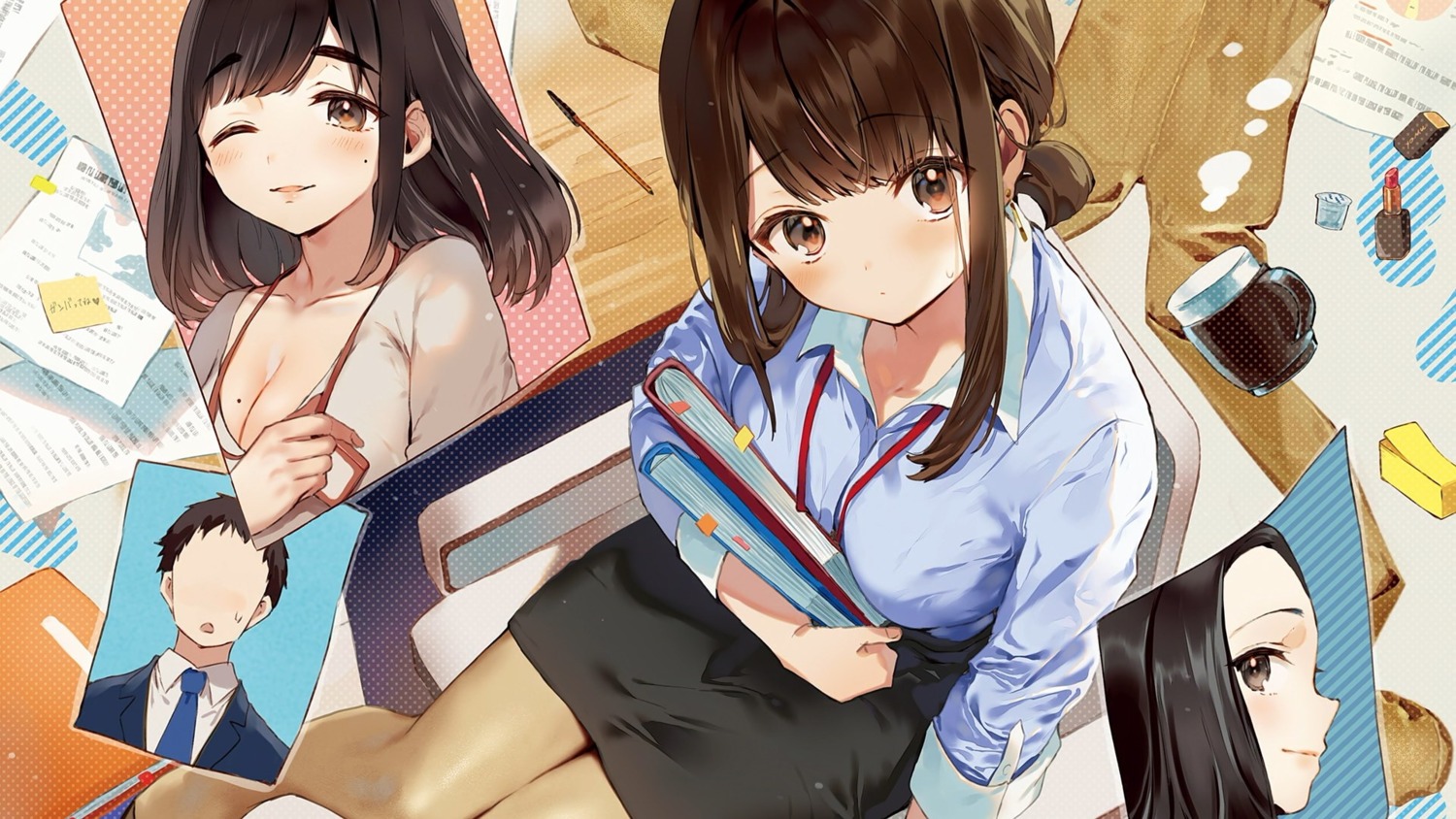 bra, cleavage, douki-chan, dress_shirt, ganbare_douki-chan, hanekoto, kouhai-chan_(ganbare_douki-chan), open_shirt, senpai-san, wallpaper