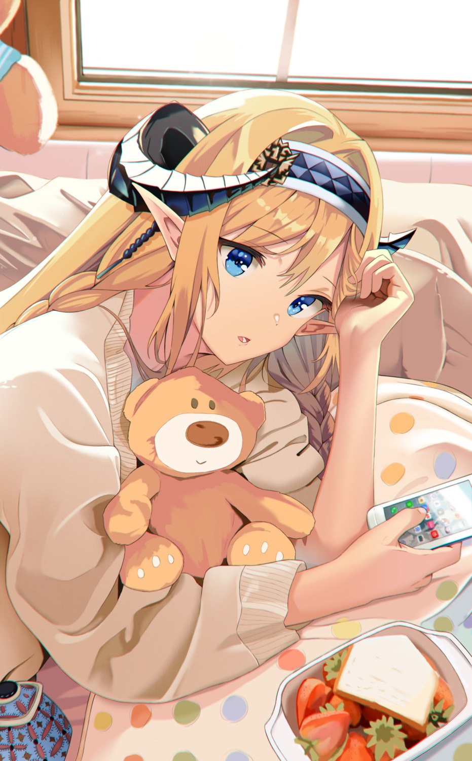 arknights, auguste, horns, pointy_ears, saileach_(arknights), sweater
