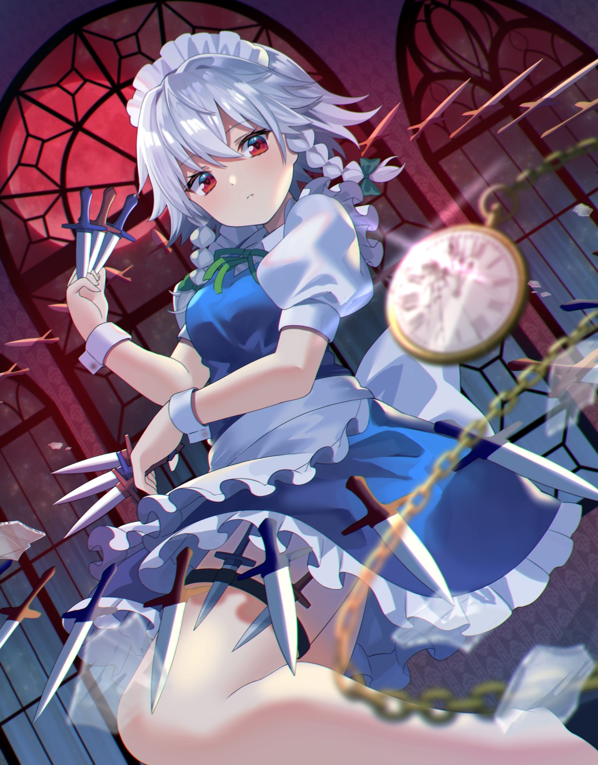 garter, izayoi_sakuya, maid, skirt_lift, touhou, weapon, yuujin_(yuzinn333)