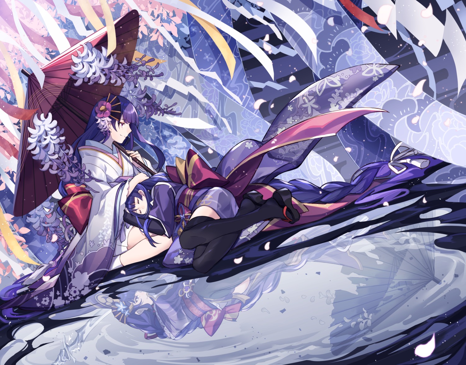 genshin_impact, hizuki_miya, japanese_clothes, raiden_shogun, thighhighs, umbrella