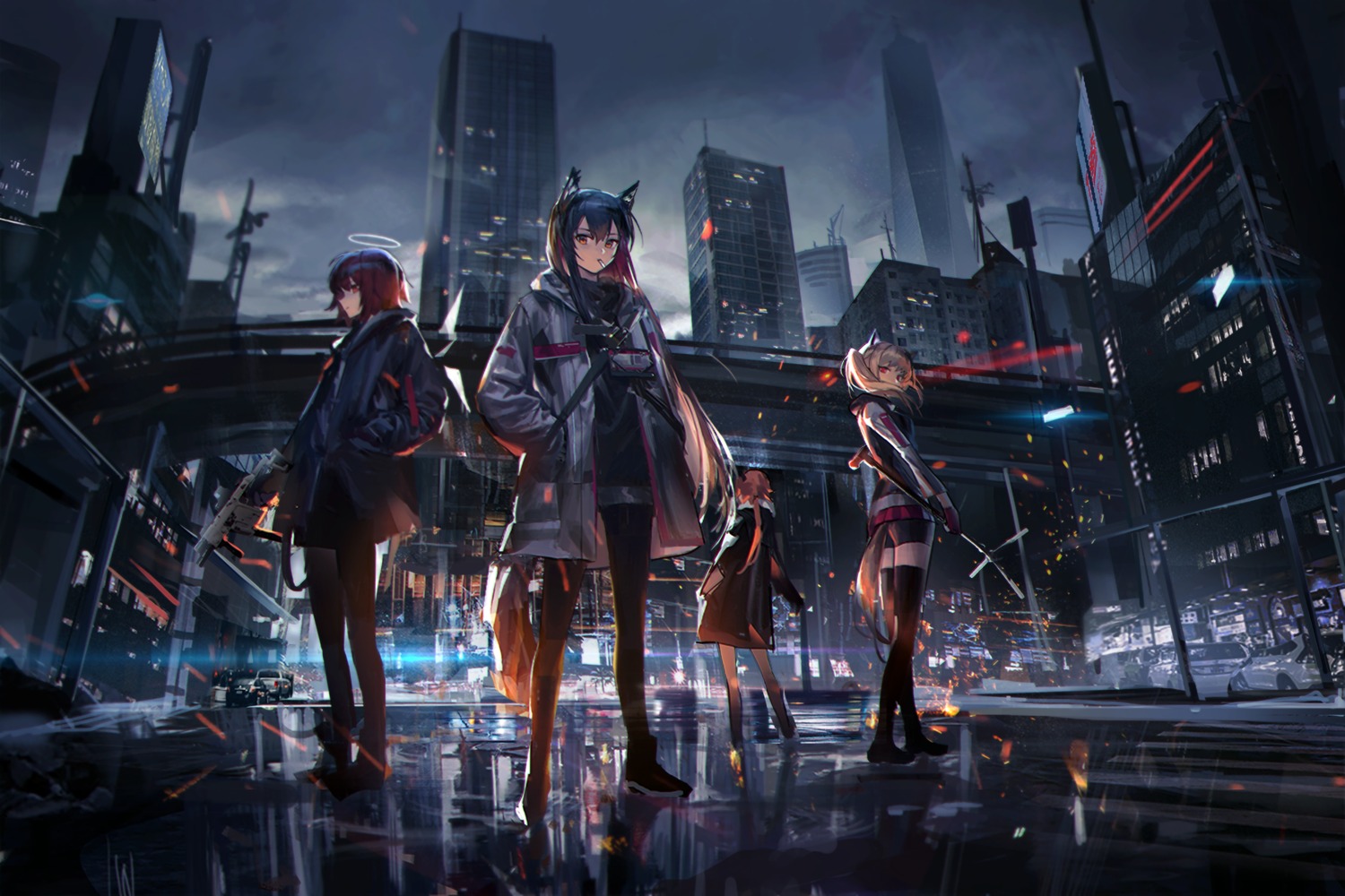 animal_ears, arknights, croissant_(arknights), exusiai_(arknights), ouko, pantyhose, smoking, sora_(arknights)
