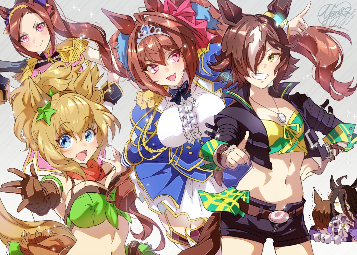 animal_ears, bra, chibi, daiwa_scarlet_(umamusume), sakura_bakushin_o_(umamusume), seifuku, stockings, taiki_shuttle_(umamusume)