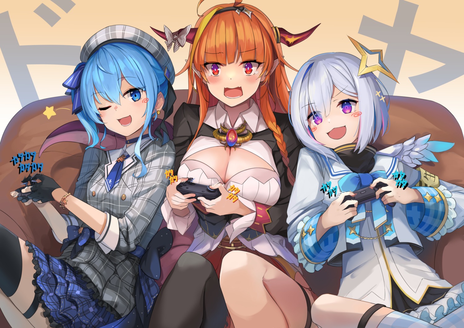 amane_kanata, angel, cleavage, dress, garter, hololive, horns, hoshimachi_suisei, kiryuu_coco, pointy_ears, seifuku, skirt_lift, sora_no_tori, thighhighs, wings