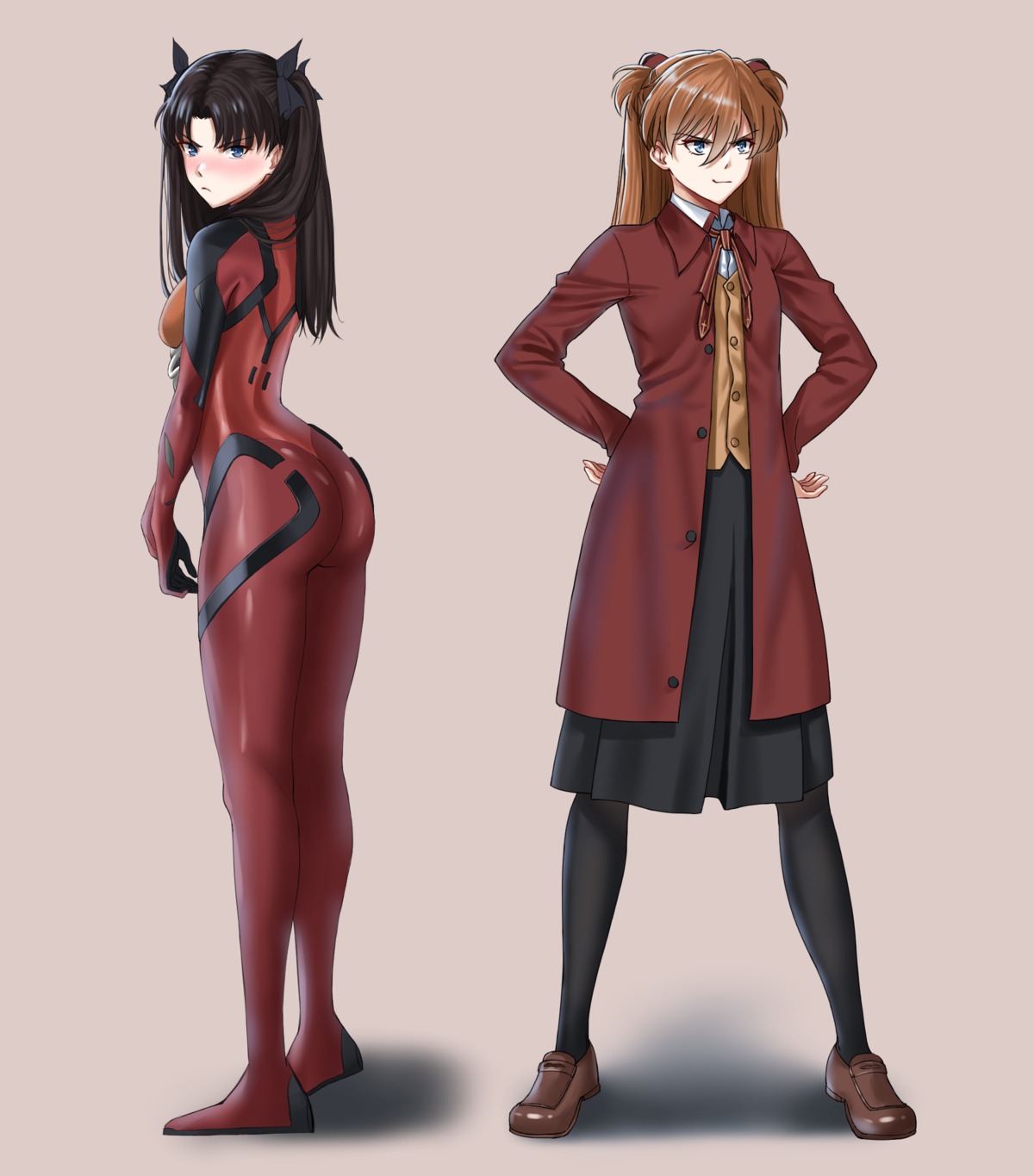ass, bodysuit, cosplay, crossover, fate/stay_night, neon_genesis_evangelion, pantyhose, ryudraw, seifuku, souryuu_asuka_langley, toosaka_rin