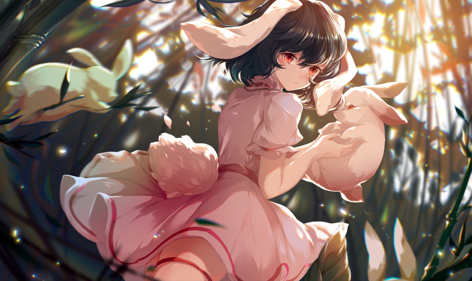 animal_ears, azusa0v0, bunny_ears, garter, inaba_tewi, skirt_lift, tail, touhou