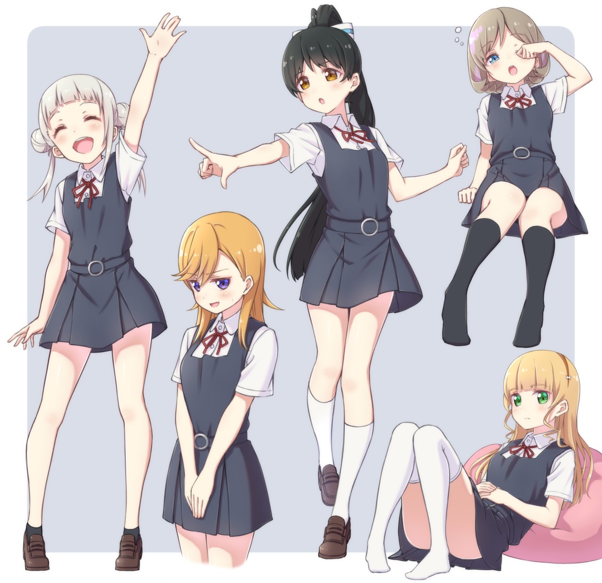 arashi_chisato, hazuki_ren, heanna_sumire, love_live!_(series), love_live!_superstar!!, pontasu, seifuku, shibuya_kanon, skirt_lift, tang_keke, thighhighs