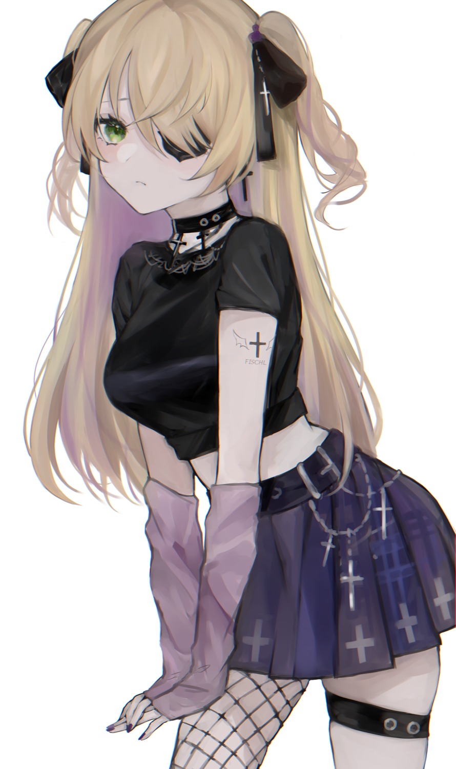eyepatch, fischl, fishnets, garter, genshin_impact, maguro_(minase1684), tattoo