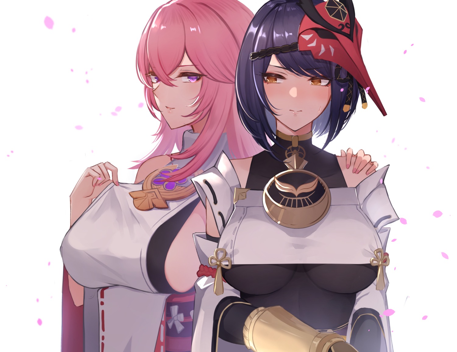 genshin_impact, japanese_clothes, kujou_sara, no_bra, pnatsu, yae_miko
