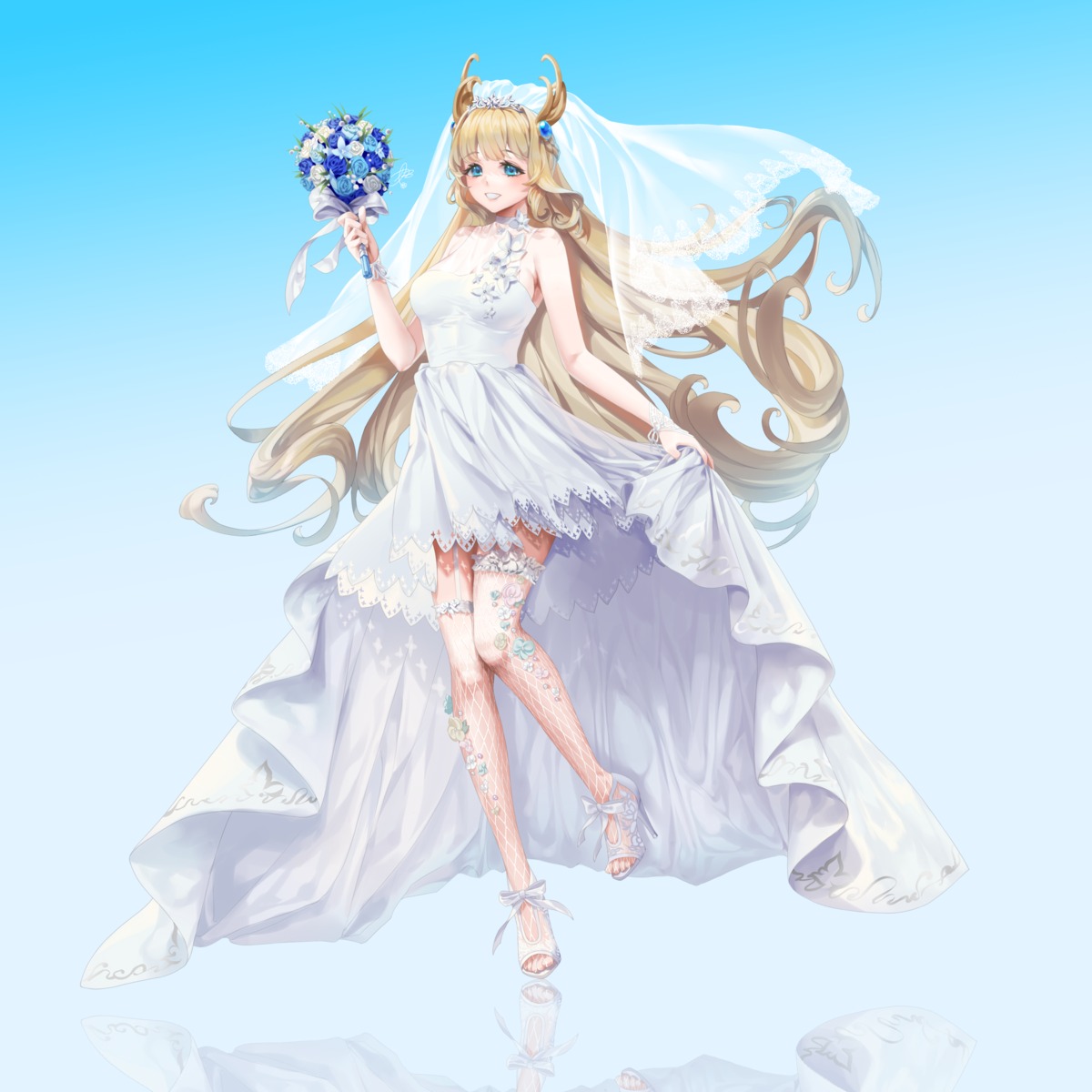 dress, fishnets, garter, heels, skirt_lift, stockings, teddyellow, thighhighs, wedding_dress