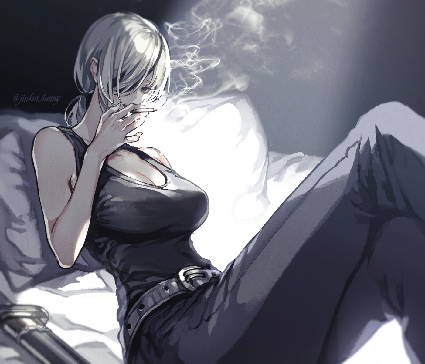 chainsaw_man, cleavage, eyepatch, koshika_rina, quanxi_(chainsaw_man), smoking, sword