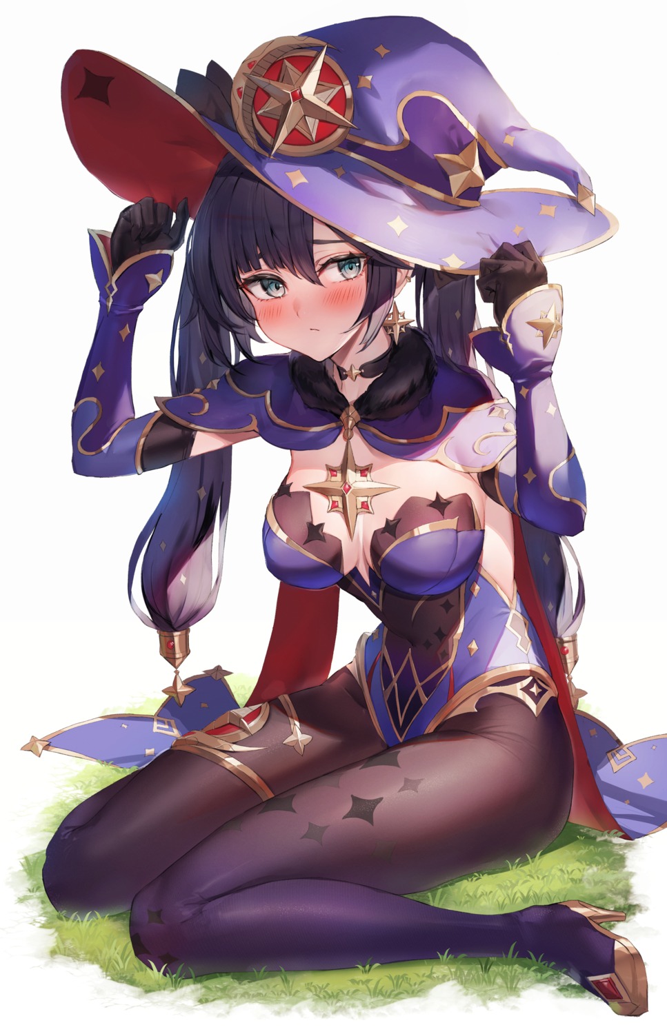 garter, genshin_impact, heels, leotard, mona_megistus, no_bra, pantyhose, watao