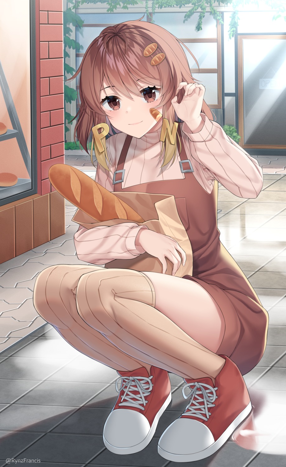 bandaid, overalls, pan_(vtuber), rynzfrancis, sweater, thighhighs