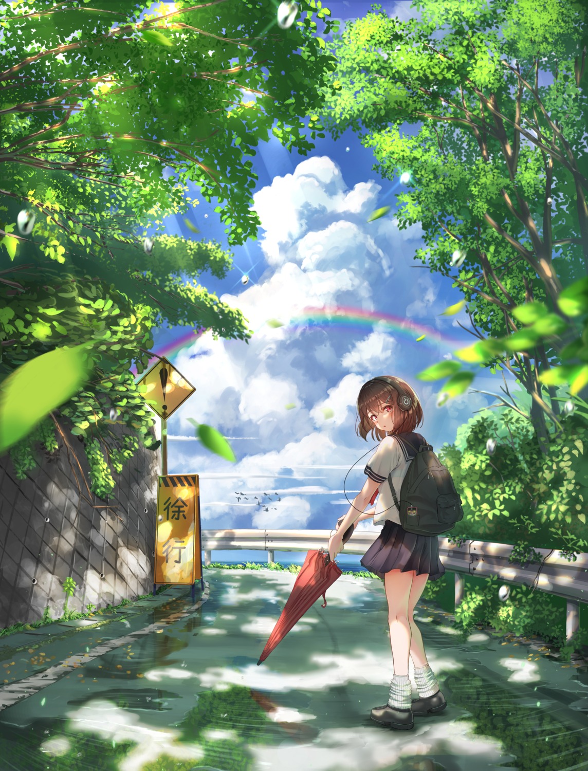 headphones, landscape, nose_(oekaki1825), seifuku, umbrella