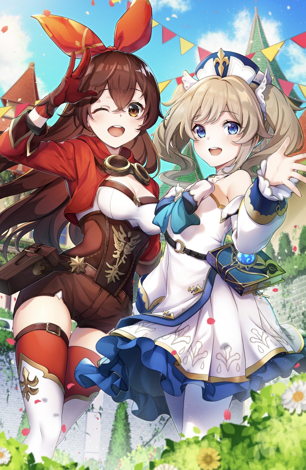 amber_(genshin_impact), barbara_(genshin_impact), cleavage, dress, garter, genshin_impact, noan, pantyhose