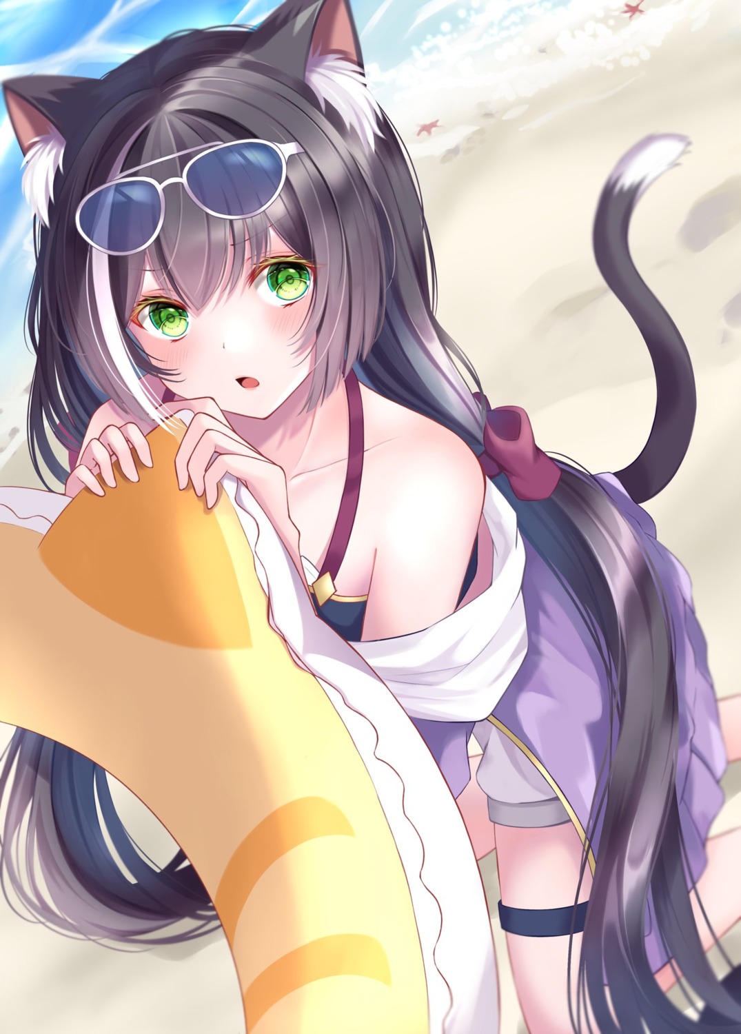 animal_ears, bikini_top, garter, karyl_(princess_connect), megane, nekomimi, open_shirt, princess_connect!, princess_connect!_re:dive, ryuna_(inc_moon), swimsuits, tail