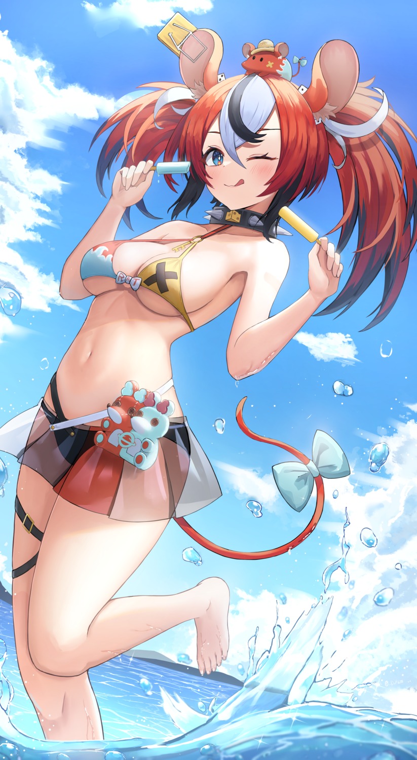 animal_ears, bikini, doham, garter, hakos_baelz, hololive, hololive_english, see_through, swimsuits, tail, wet