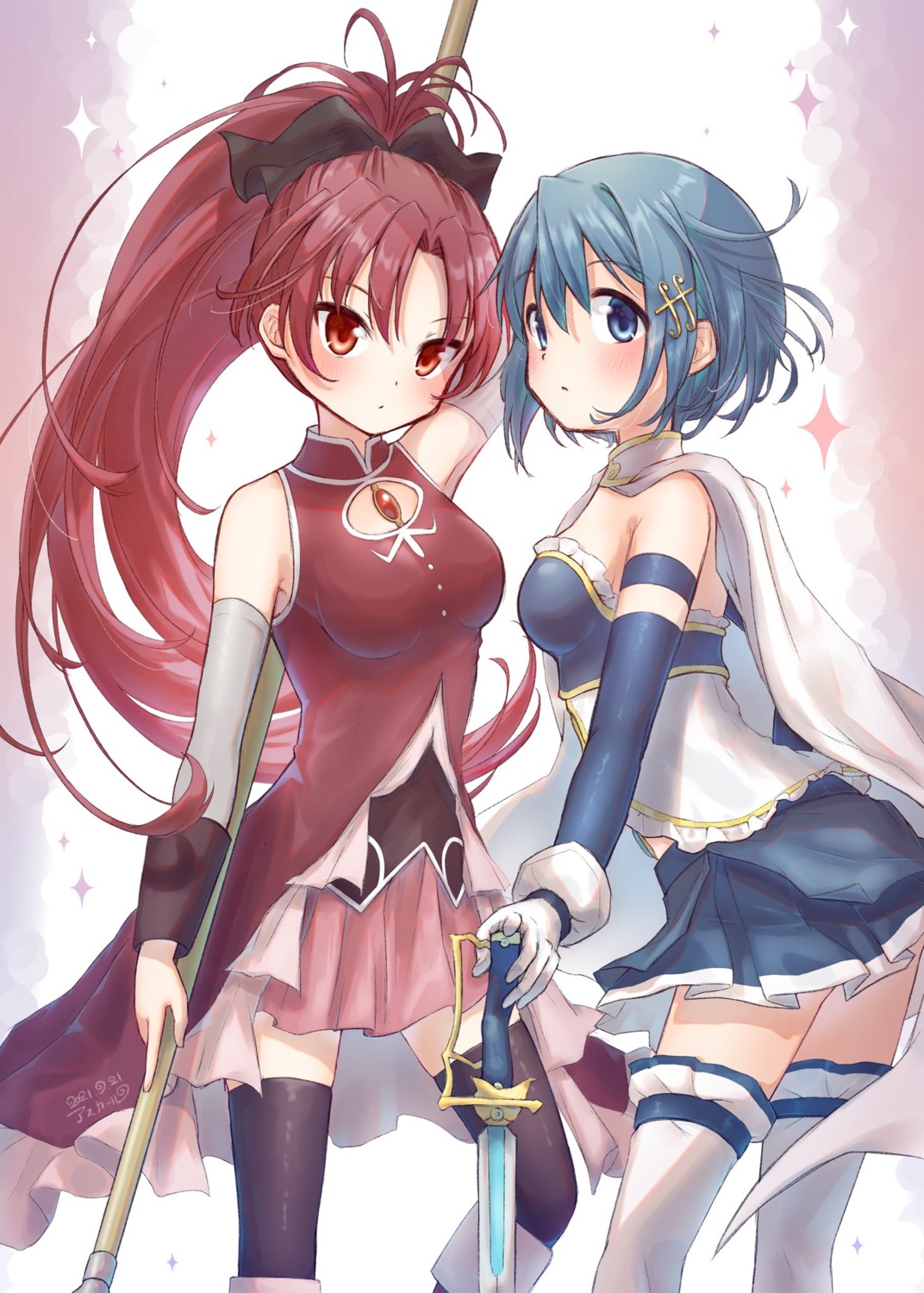 asukaru_(magika_ru), cleavage, dress, mahou_shoujo_madoka_magica, miki_sayaka, sakura_kyouko, sword, thighhighs