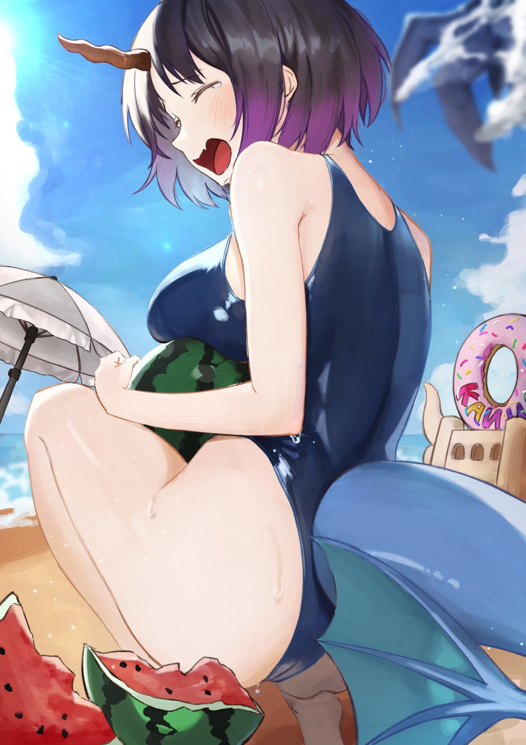 blue_cat, elma_(maidragon), horns, kobayashi-san_chi_no_maidragon, school_swimsuit, swimsuits, tail