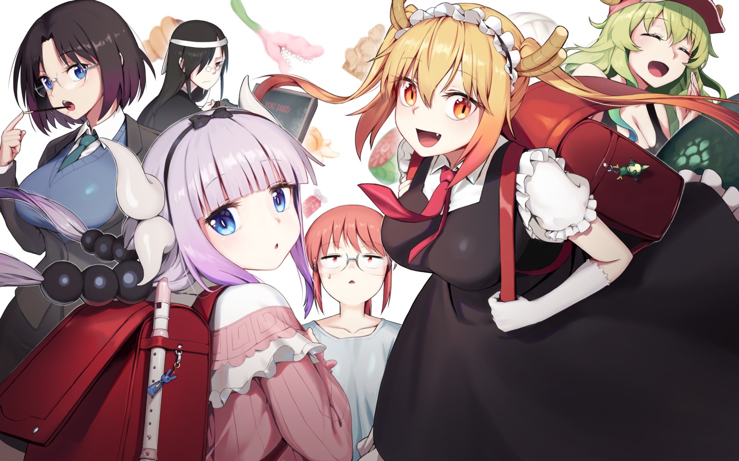 elma_(maidragon), horns, kanna_kamui, kobayashi-san_chi_no_maidragon, kobayashi_(maidragon), maid, megane, penguin_say
