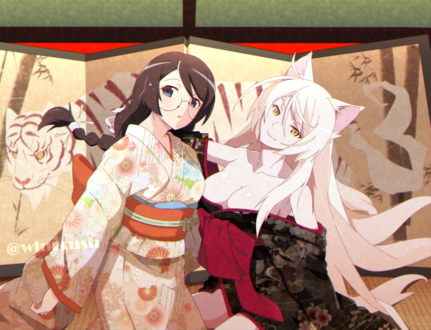 animal_ears, bakemonogatari, black_hanekawa, fooring, hanekawa_tsubasa, kimono, megane, monogatari_(series)