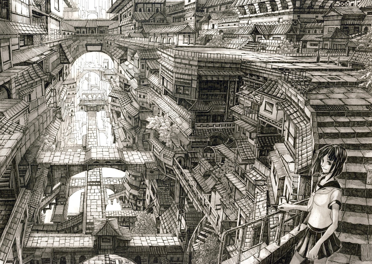 landscape, makoto_tauzo, monochrome, seifuku