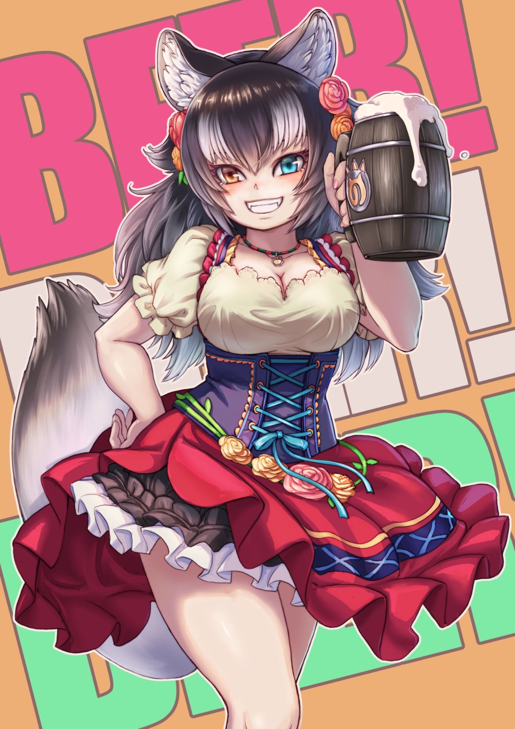animal_ears, cleavage, grey_wolf, heterochromia, kemono_friends, kosai_takayuki, skirt_lift, tail