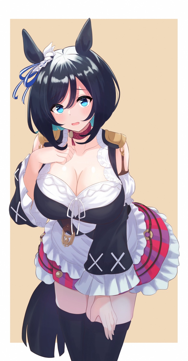 animal_ears, breast_hold, cleavage, eishin_flash_(umamusume), elegant1266, tail, thighhighs, uma_musume_pretty_derby