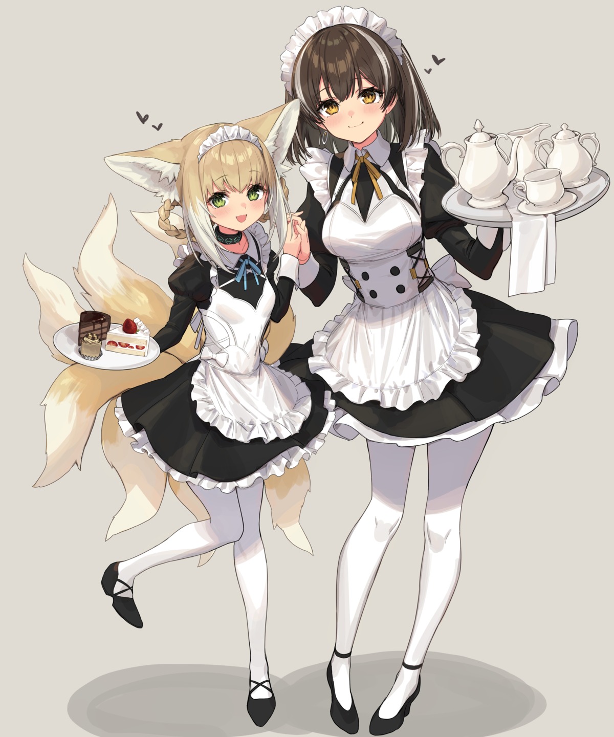 animal_ears, arknights, kitsune, magallan_(arknights), maid, pantyhose, sigma99, suzuran_(arknights), tail
