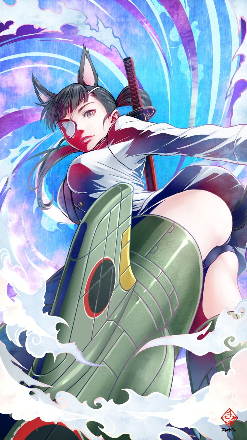 amaguchi_chiyoko, animal_ears, ass, eyepatch, inumimi, sakamoto_mio, school_swimsuit, strike_witches, strike_witches:_operation_victory_arrow, strike_witches_2, strike_witches_gekijouban, swimsuits, sword, tail, uniform