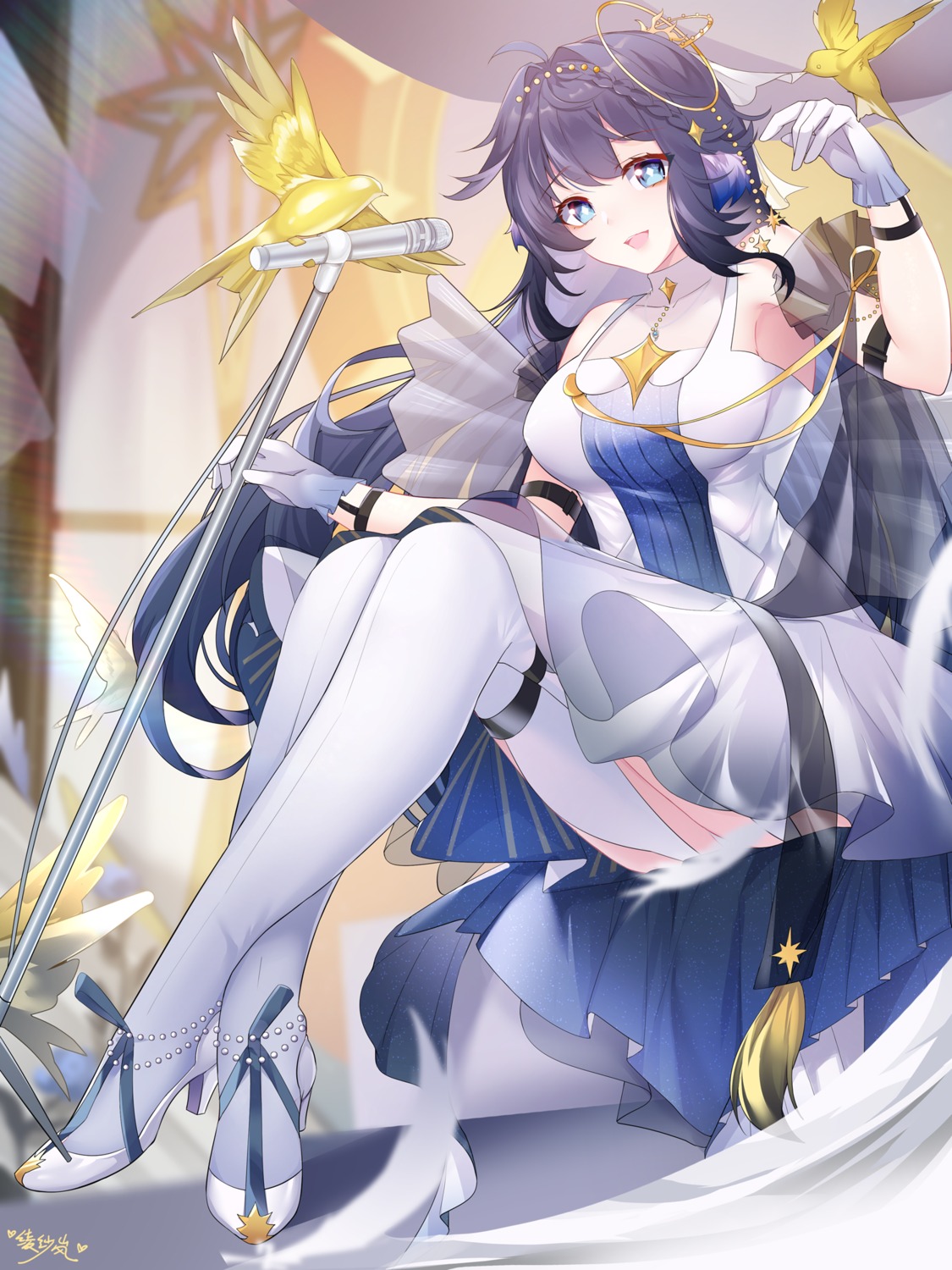 arknights, astesia_(arknights), dress, heels, lingshalan, skirt_lift, stockings, thighhighs