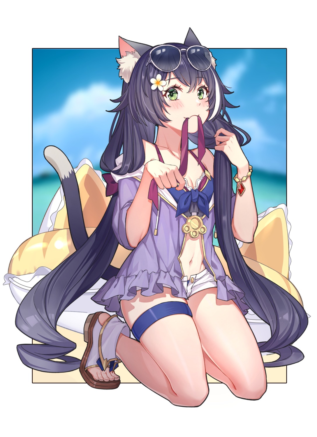 animal_ears, bikini, bubble1995, garter, karyl_(princess_connect), megane, nekomimi, open_shirt, princess_connect!, princess_connect!_re:dive, swimsuits, tail