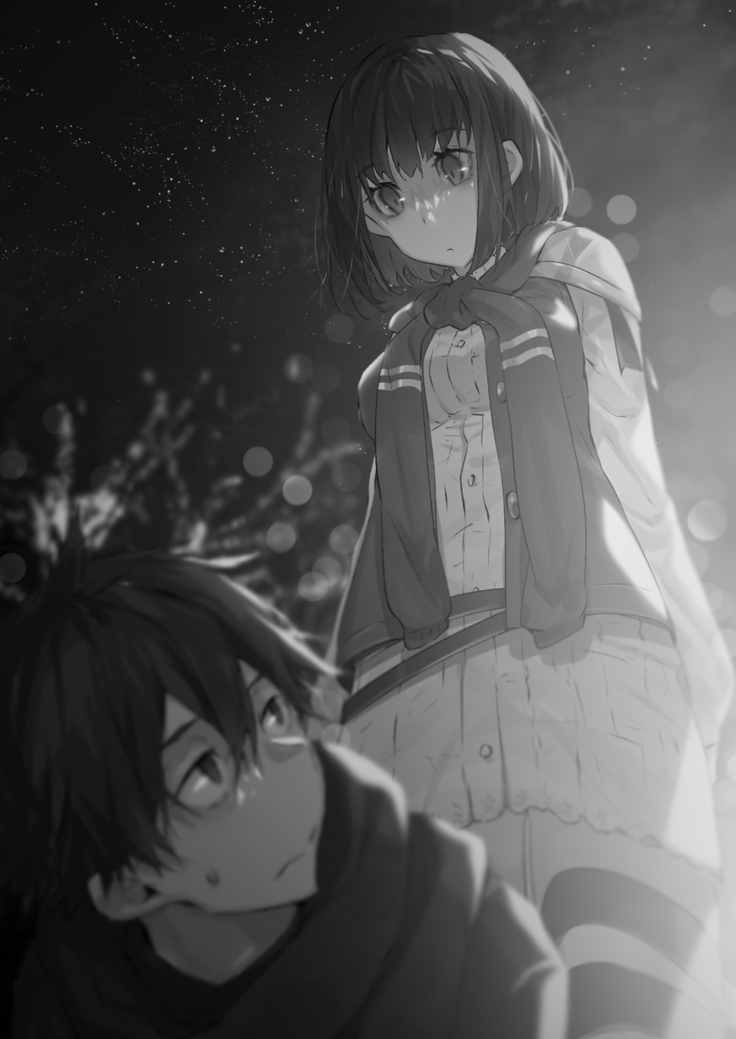 choko_(grimgar), hai_to_gensou_no_grimgar, haruhiro, monochrome, shirai_eiri